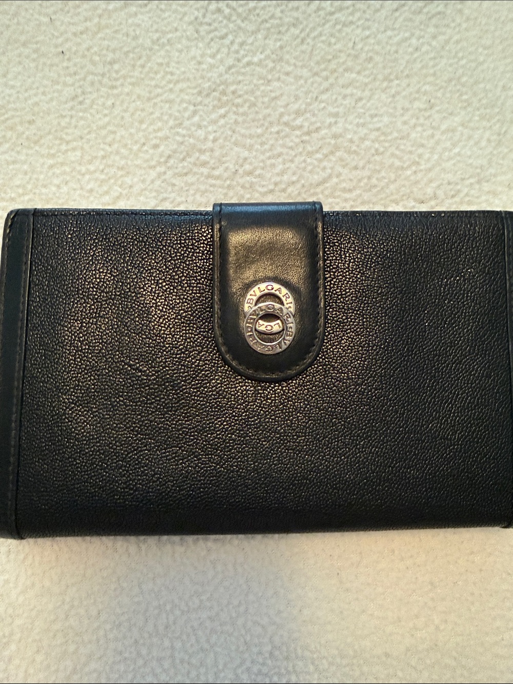 Bvlgari Black Leather Snap-Closure Women’s Wallet with Silver Dbl Logo Medallion